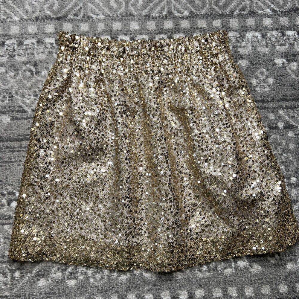 J Crew Gold Sequin Mini Skirt Size 4 Pockets Glam NYE Holiday Smocked Waist